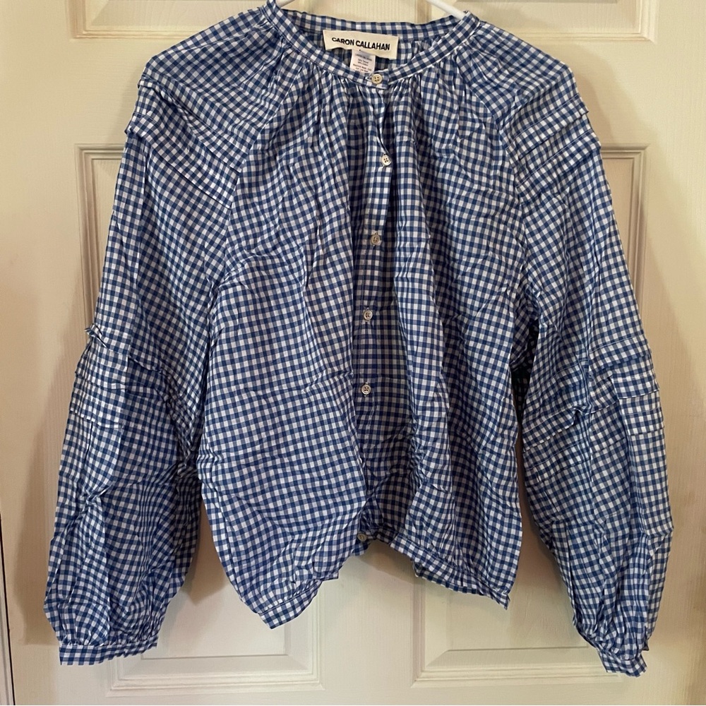 Caron Callahan Navy Checkered Blouse